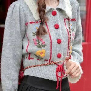 ♥️ Red Button Pull Tie String Collared Cardigan
